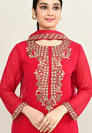 Hand Embroidered Pure Georgette Pakistani Suit in Coral Pink