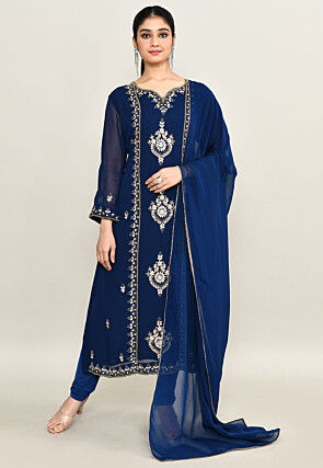 Hand Embroidered Pure Georgette Pakistani Suit in Navy Blue