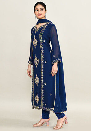 Hand Embroidered Pure Georgette Pakistani Suit in Navy Blue