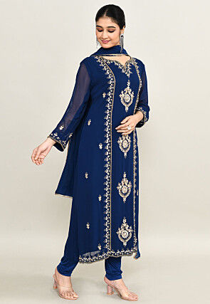 Hand Embroidered Pure Georgette Pakistani Suit in Navy Blue