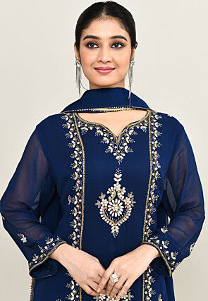 Hand Embroidered Pure Georgette Pakistani Suit in Navy Blue