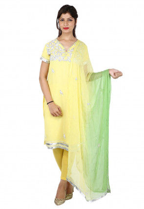 Hand Embroidered Pure Georgette Straight Suit in Light Yellow