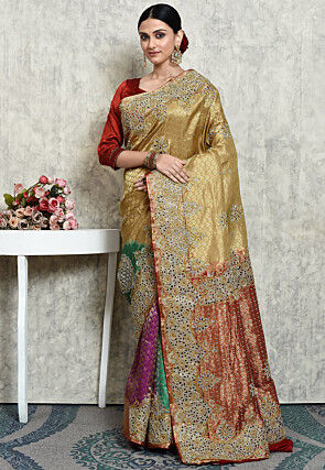 Hand Embroidered Pure Kanchipuram Saree in Beige and Multicolor