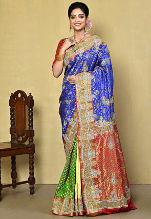 Hand Embroidered Pure Kanchipuram Saree in Blue and Multicolor
