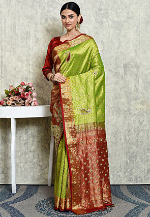 Hand Embroidered Pure Kanchipuram Saree in Green and Maroon