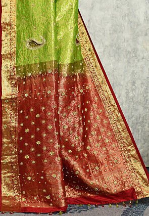 Hand Embroidered Pure Kanchipuram Saree in Green and Maroon