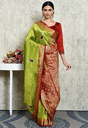 Hand Embroidered Pure Kanchipuram Saree in Green and Maroon
