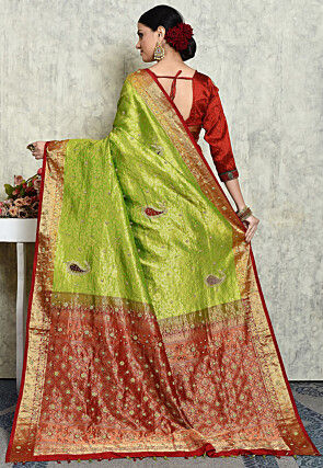 Hand Embroidered Pure Kanchipuram Saree in Green and Maroon