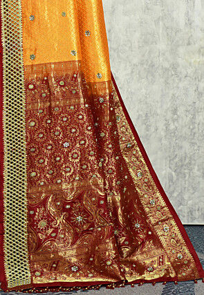 Hand Embroidered Pure Kanchipuram Saree in Orange and Maroon
