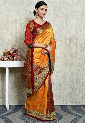 Hand Embroidered Pure Kanchipuram Saree in Orange and Maroon