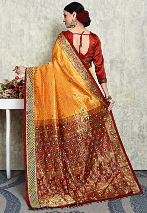Hand Embroidered Pure Kanchipuram Saree in Orange and Maroon