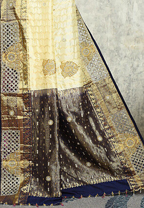 Hand Embroidered Pure Kanchipuram Silk Saree in Cream and Pink