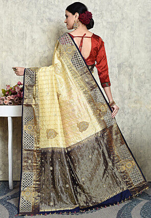 Hand Embroidered Pure Kanchipuram Silk Saree in Cream and Pink