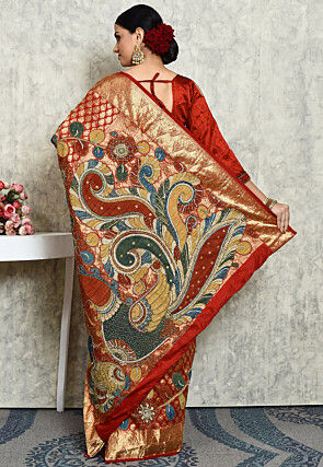 Hand Embroidered Kanchipuram Silk Saree in Maroon