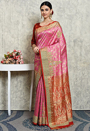 Hand Embroidered Pure Kanchipuram Silk Saree in Pink