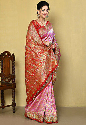Hand Embroidered Pure Kanchipuram Silk Saree in Pink