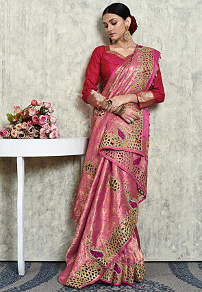 Hand Embroidered Kanchipuram Silk Saree in Pink
