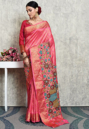 Hand Embroidered Kanchipuram Silk Saree in Pink