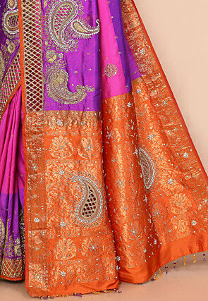 Hand Embroidered Pure Kanchipuram Silk Saree in Purple and Pink