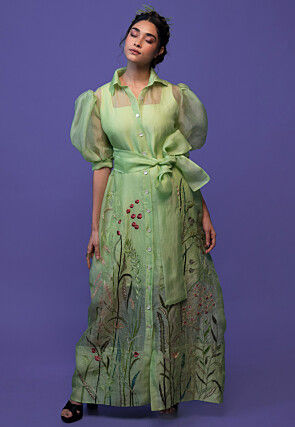 Hand Embroidered Pure Organza and Pure Crepe Maxi Dress in Pastel Green