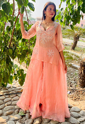 Hand Embroidered Pure Organza Silk Pakistani Suit in Peach