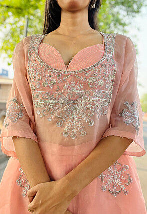 Hand Embroidered Pure Organza Silk Pakistani Suit in Peach