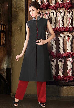 Hand Embroidered Pure Silk A Line Kurta Set in Black
