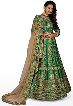 Hand Embroidered Pure Silk Abaya Style Suit in Green