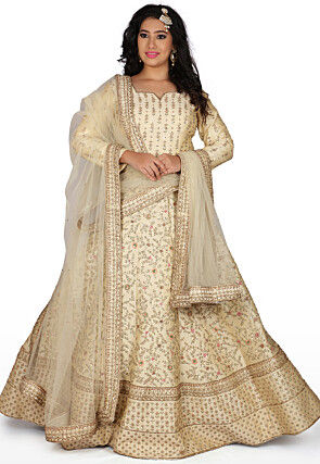 Hand Embroidered Pure Silk Abaya Style Suit in Light Beige