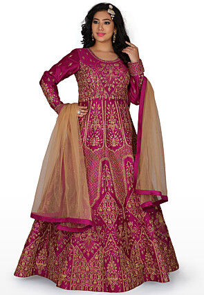 Hand Embroidered Pure Silk Abaya Style Suit in Magenta