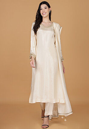 Hand Embroidered Pure Silk Anarkali Suit in Cream