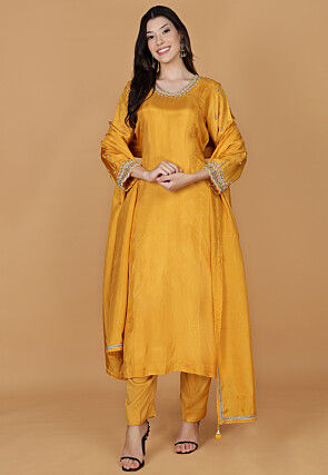Hand Embroidered Pure Silk Anarkali Suit in Mustard