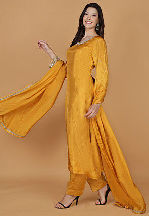 Hand Embroidered Pure Silk Anarkali Suit in Mustard