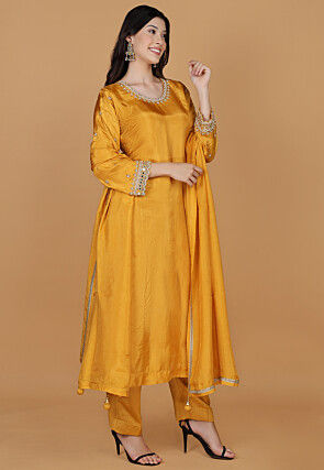 Hand Embroidered Pure Silk Anarkali Suit in Mustard