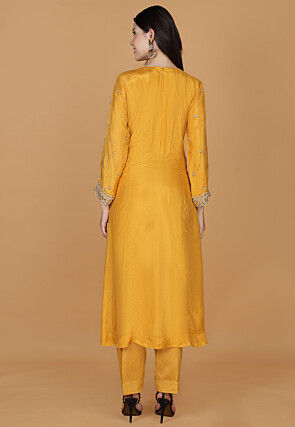Hand Embroidered Pure Silk Anarkali Suit in Mustard