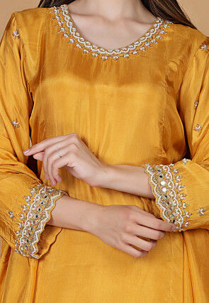 Hand Embroidered Pure Silk Anarkali Suit in Mustard