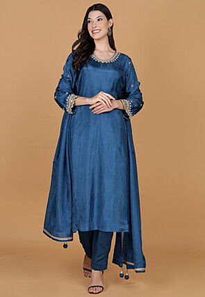 Hand Embroidered Pure Silk Anarkali Suit in Teal Blue