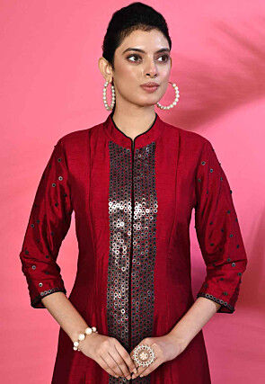Hand Embroidered Pure Silk Asymmetric Kurta Set in Red
