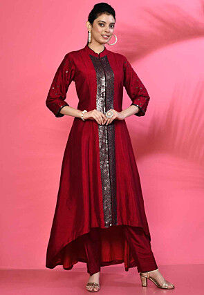 Hand Embroidered Pure Silk Asymmetric Kurta Set in Red