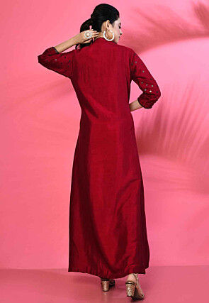 Hand Embroidered Pure Silk Asymmetric Kurta Set in Red