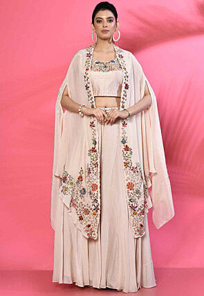 Hand Embroidered Pure Silk Crop Top Set in Beige