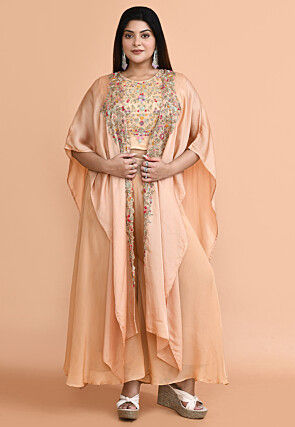 Hand Embroidered Pure Silk Crop Top Set in Peach