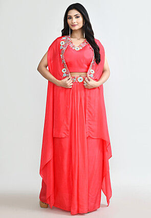 Hand Embroidered Pure Silk Crop Top Set in Red