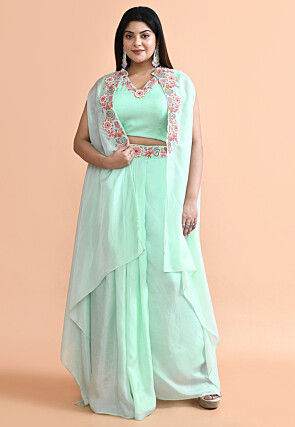 Hand Embroidered Pure Silk Crop Top Set in Sea Green