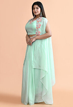 Hand Embroidered Pure Silk Crop Top Set in Sea Green