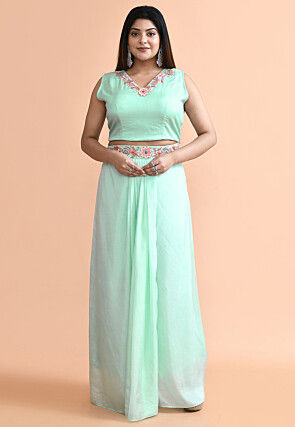 Hand Embroidered Pure Silk Crop Top Set in Sea Green