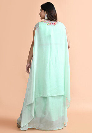 Hand Embroidered Pure Silk Crop Top Set in Sea Green