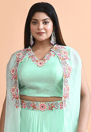 Hand Embroidered Pure Silk Crop Top Set in Sea Green