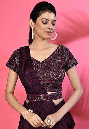 Hand Embroidered Pure Silk Crop Top Set in Wine