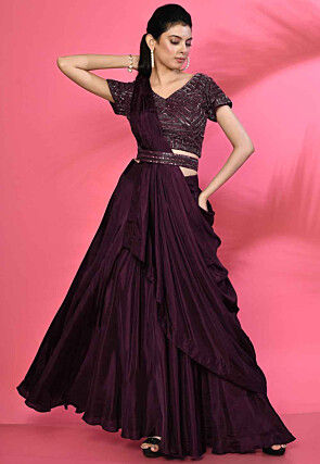 Hand Embroidered Pure Silk Crop Top Set in Wine